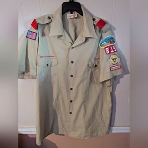 Vtg Boy Scouts Of America Shirt Adult Size XL Patches Beige Uniform Short Sleeve